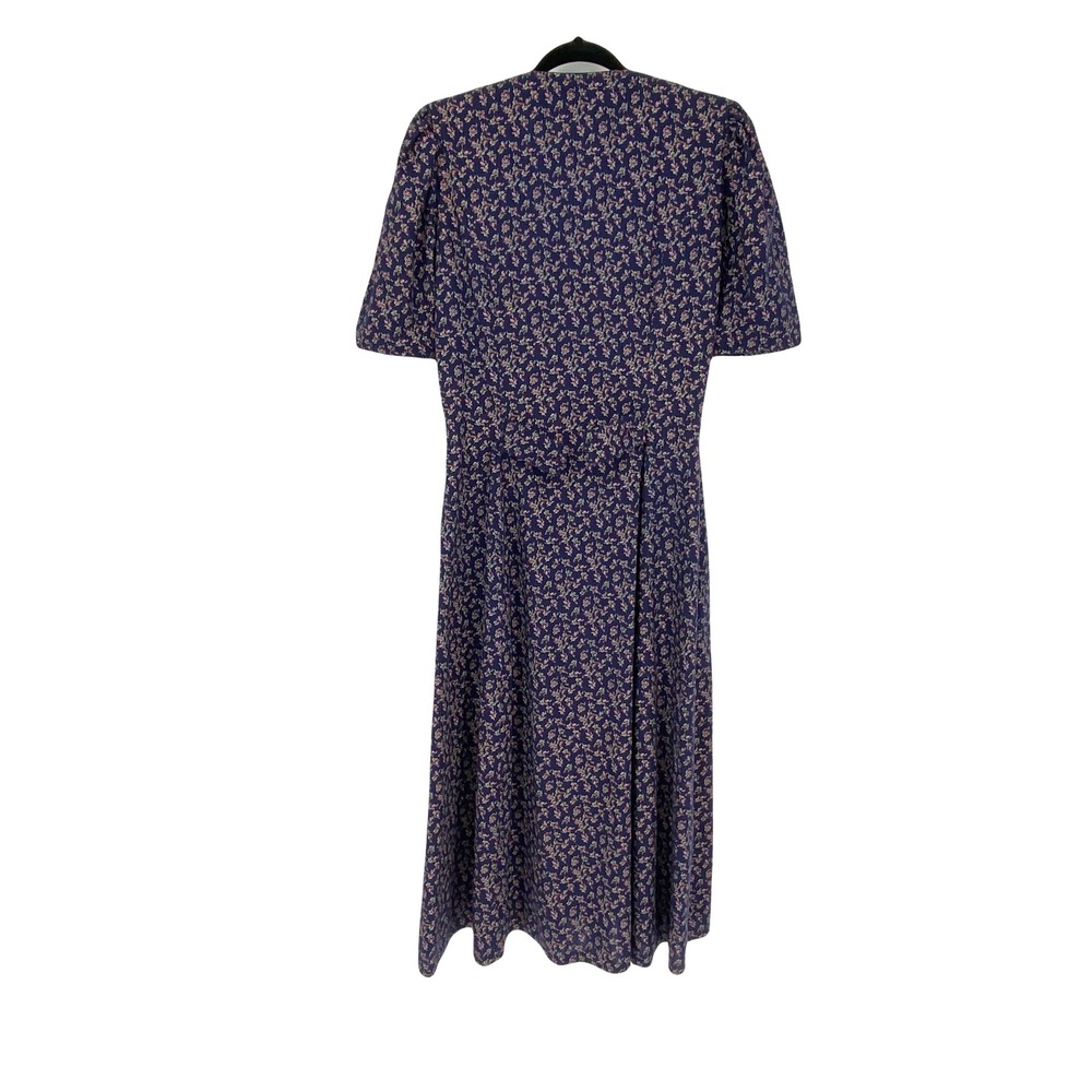 Vintage Navy Blue Pink Floral Midi Dress S Cottage Prairie Button Puff Sleeve - Picture 9 of 15
